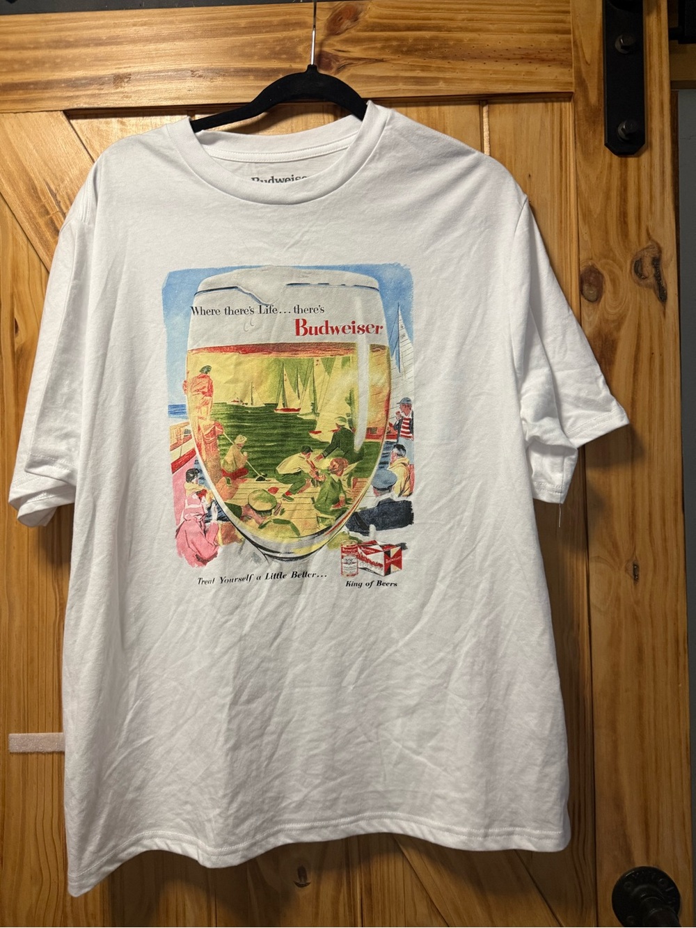 Budweiser White Short Sleeve Tee with Multicolor Vintage Shield Graphic